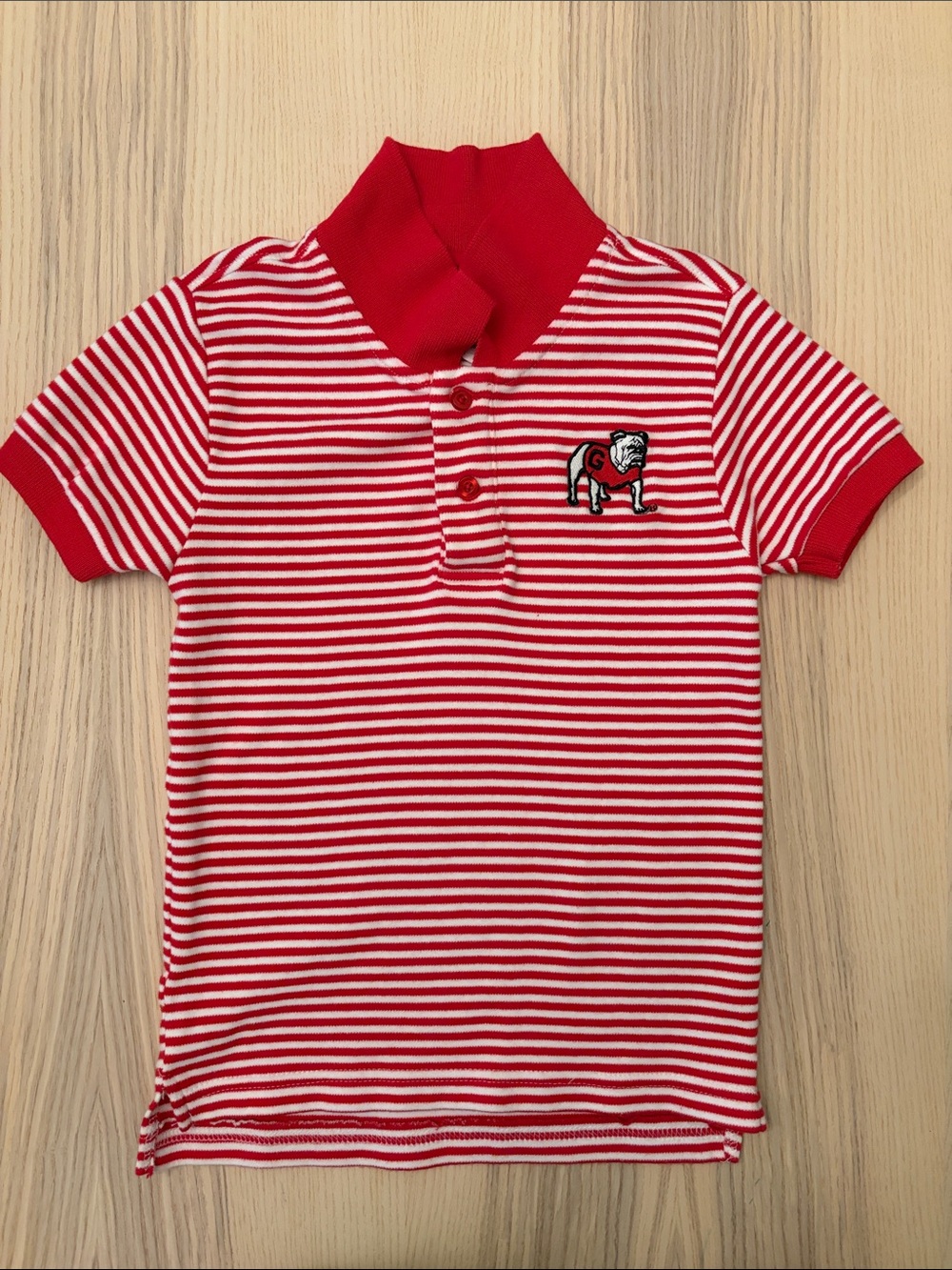 Red & White Striped Polo Shirt with Bulldog Patch - Kids